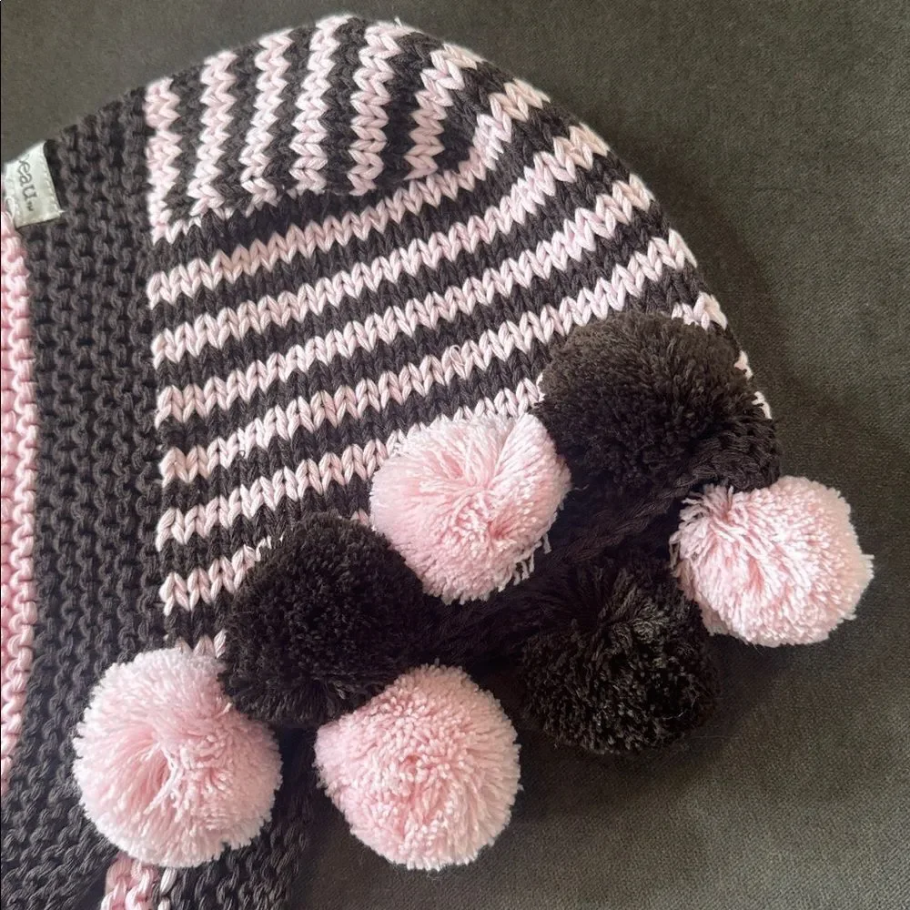 Bebe Chapeau Toddler Girl Patterson Hat Pink Brown Pom Poms 12-24 months NEW